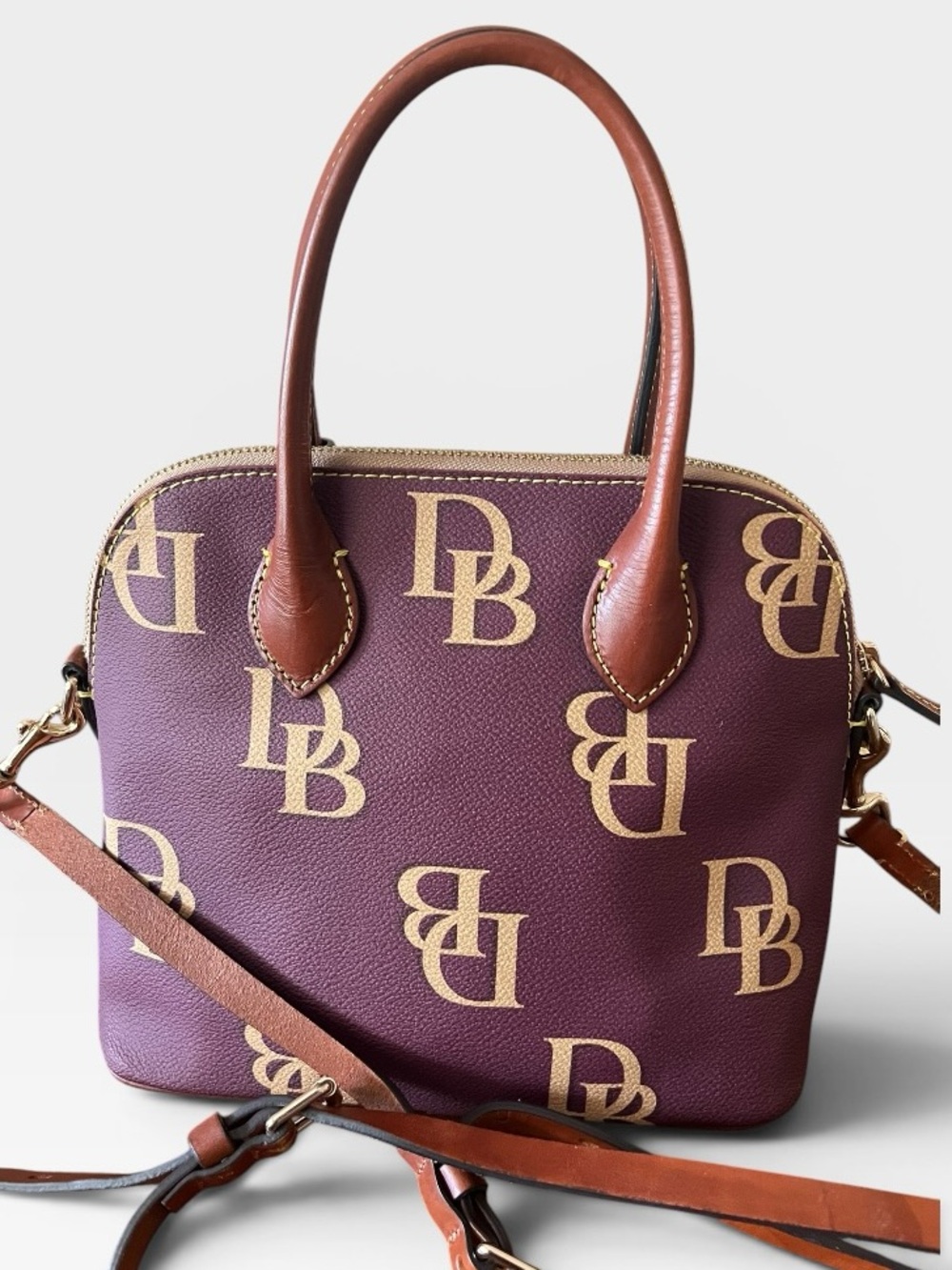 Dooney & Bourke Purple DB Monogram Domed Satchel Crossbody Bag Leather Trim
